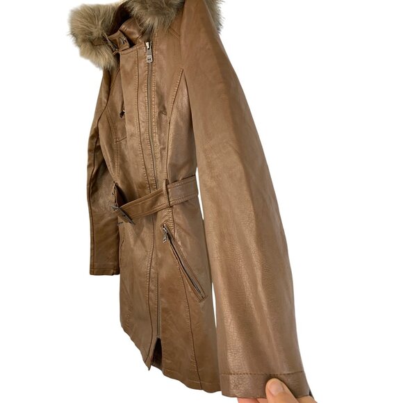 NWT LA Coalition Brown Faux Leather Coat Fox Fur Trim Hood Size S NWT RDD10672 - Picture 10 of 11